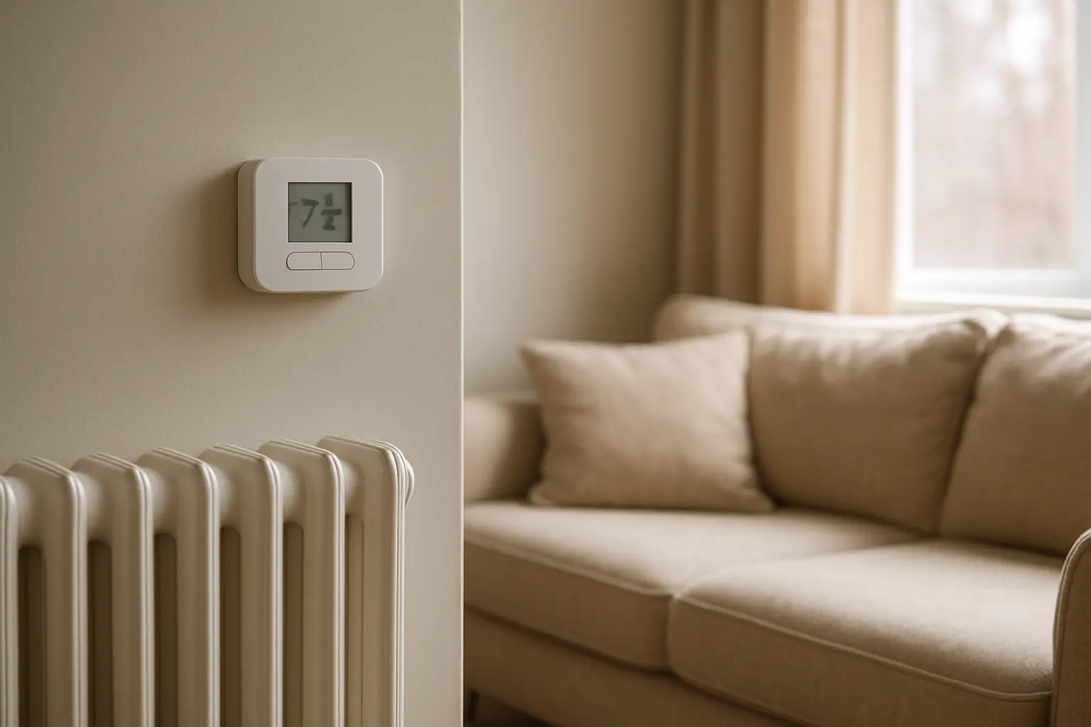 Un termostato de pared junto a un radiador en un salón doméstico con luz natural y un sofá al fondo.