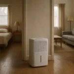 Un deshumidificador en un pasillo de una vivienda con puertas abiertas hacia el salón y un dormitorio, con luz natural.