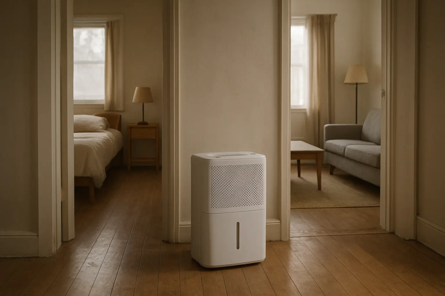 Un deshumidificador en un pasillo de una vivienda con puertas abiertas hacia el salón y un dormitorio, con luz natural.