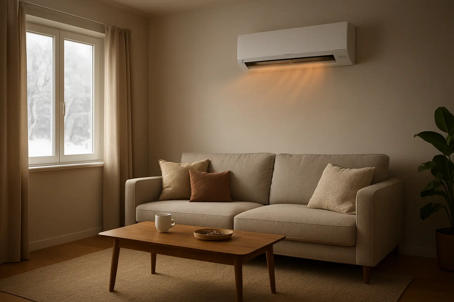 Salón doméstico con un aire acondicionado de pared encendido en modo calor junto a un sofá y una ventana.