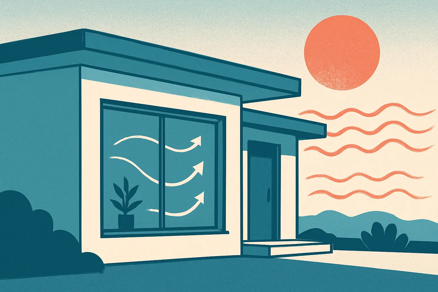 Exterior de una vivienda moderna con una ventana que deja entrever el interior y el ambiente caluroso de fuera