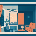 Ilustración de una habitación con ventana abierta al anochecer y una escena que compara ventilación útil y aire estancado.