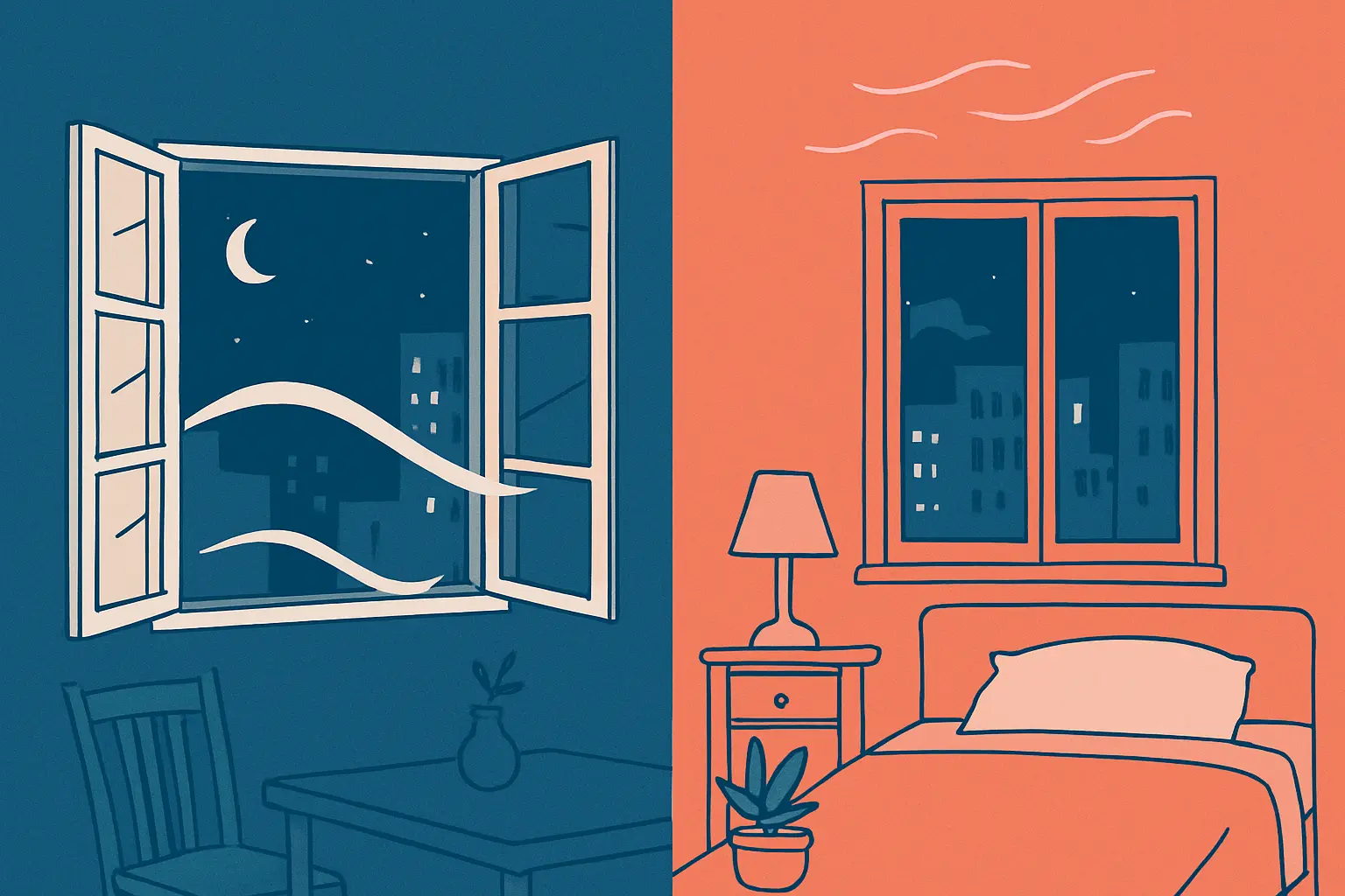 Dos interiores domésticos de noche: uno con corriente de aire entre ventanas y otro con aire quieto y húmedo.