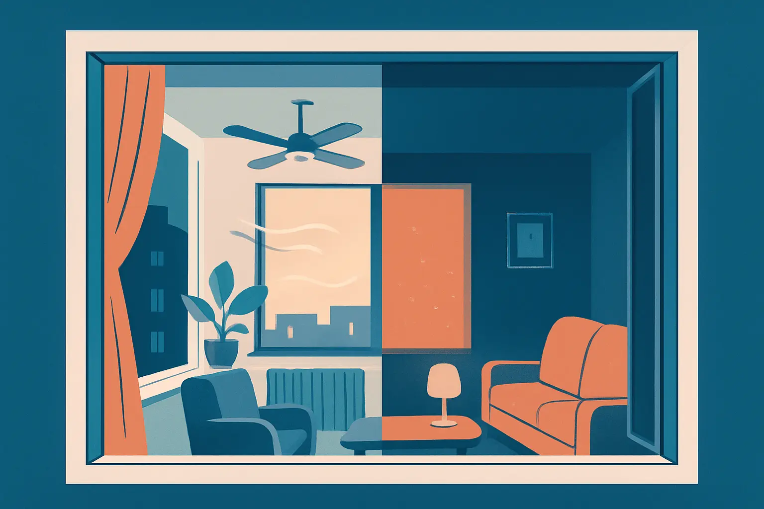 Ilustración de una habitación con ventana abierta al anochecer y una escena que compara ventilación útil y aire estancado.