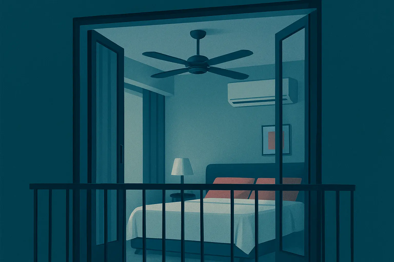 Dormitorio visto desde fuera con un ventilador de techo y una unidad de aire acondicionado en un ambiente tranquilo