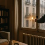 Una persona abre ligeramente una ventana en un salón doméstico mientras llueve fuera y se ve un radiador al fondo