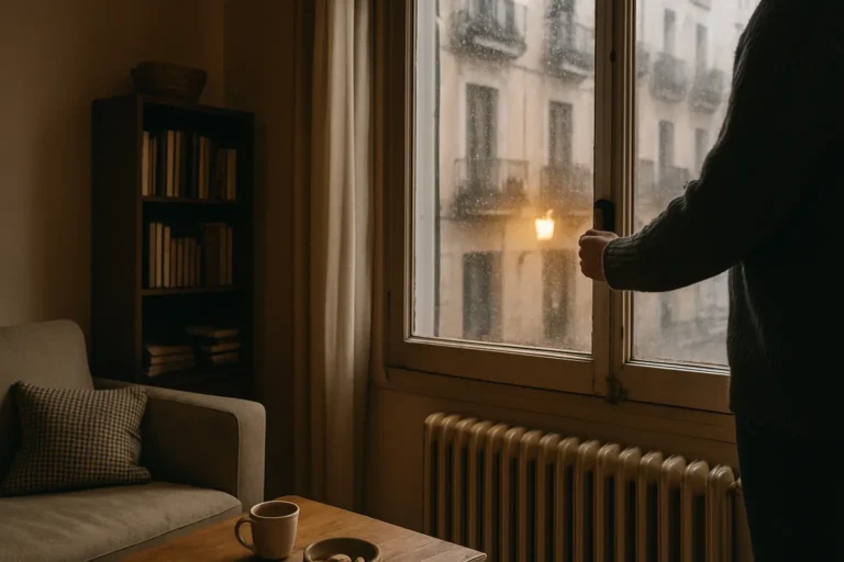Una persona abre ligeramente una ventana en un salón doméstico mientras llueve fuera y se ve un radiador al fondo