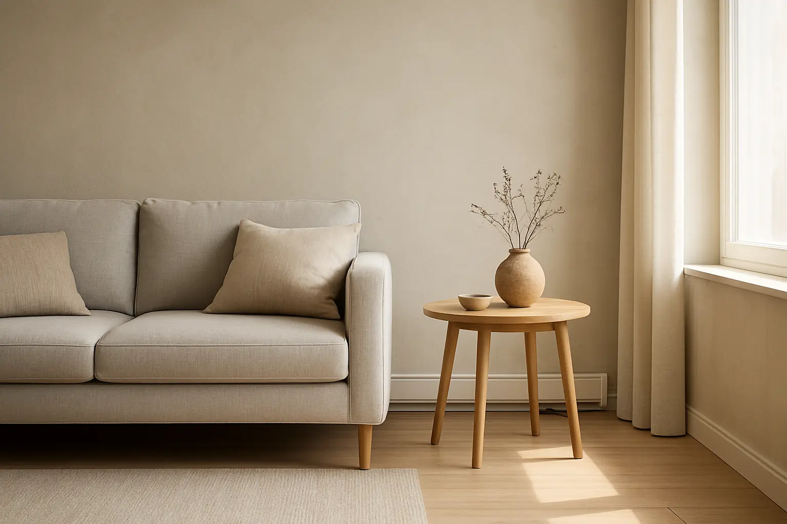 Salón moderno con un zócalo calefactor discreto junto a la pared y mobiliario neutro